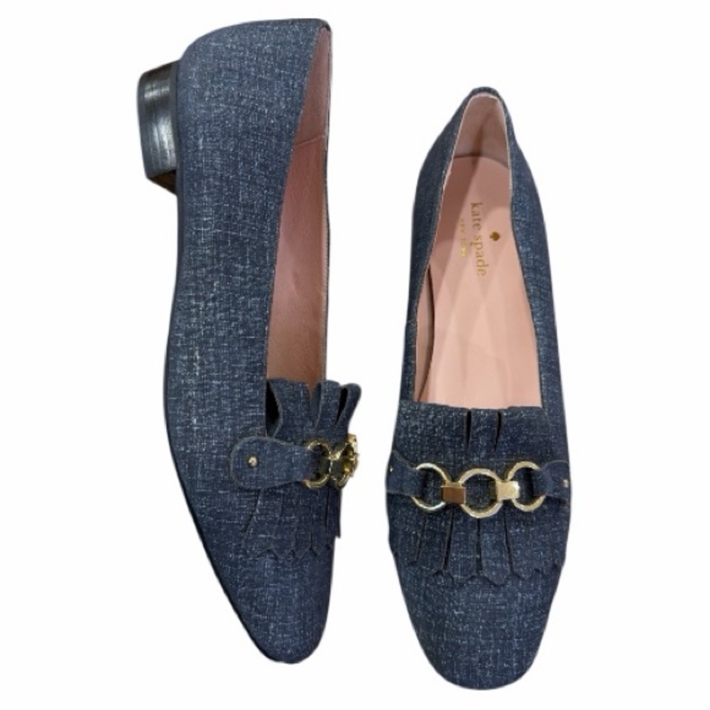 Kate Spade Caddy Denim Kiltie Loafers with Gold Chain Hardware Size 8.5 - Picture 2 of 9